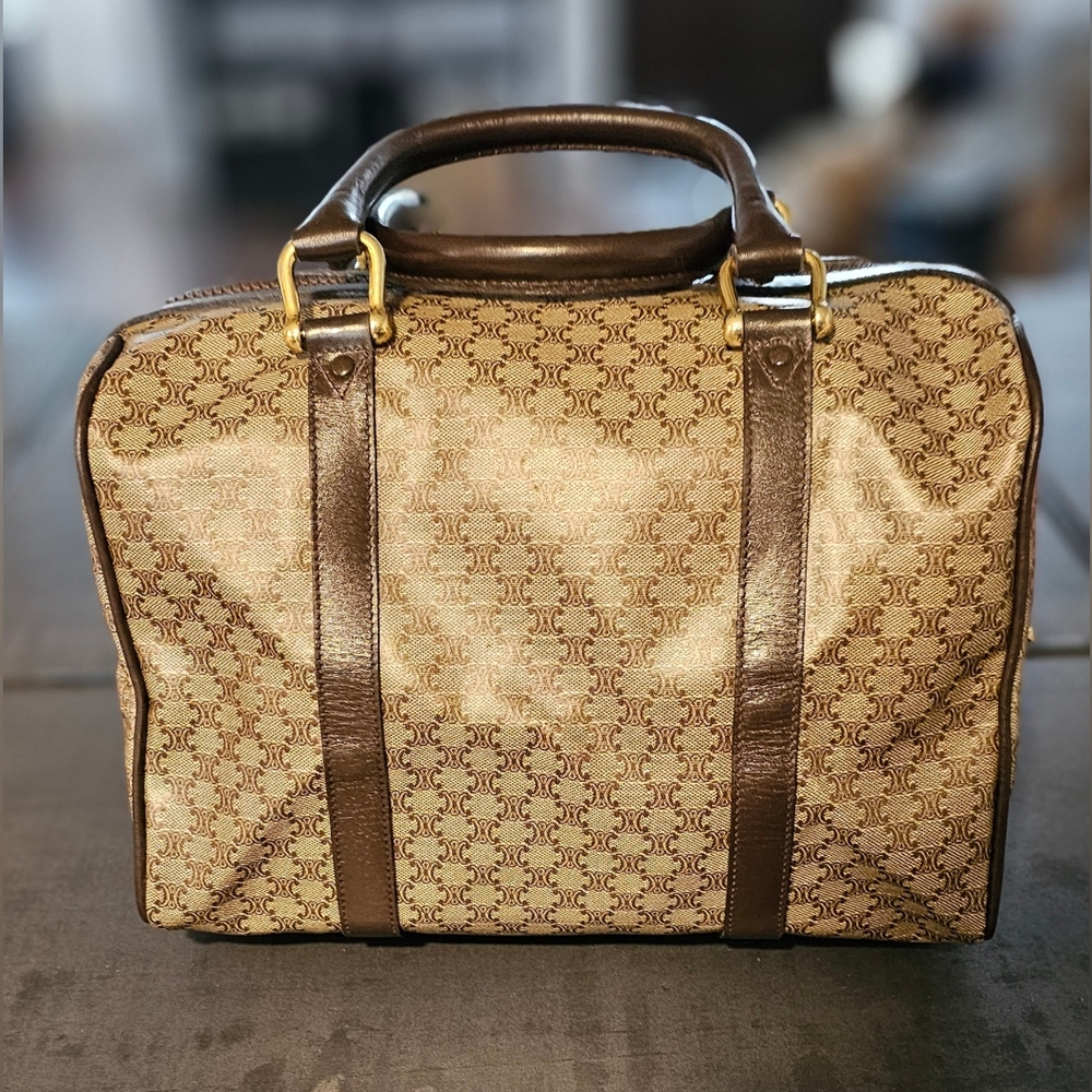 CELINE CREAM AND BROWN LEATHER MACADAM BOSTON BAG - Picture 2 of 7